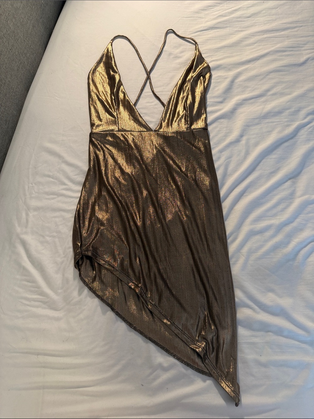Metallic Bronze Asymmetric Mini Dress with Plunge Neckline